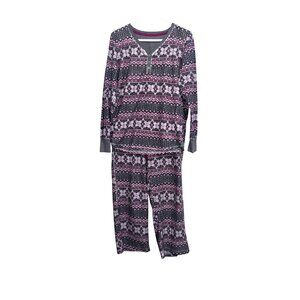 Nautica Womens L/G 2-Piece Fair Isle Pajama Set Gray/Pink Fleece With Henley Top